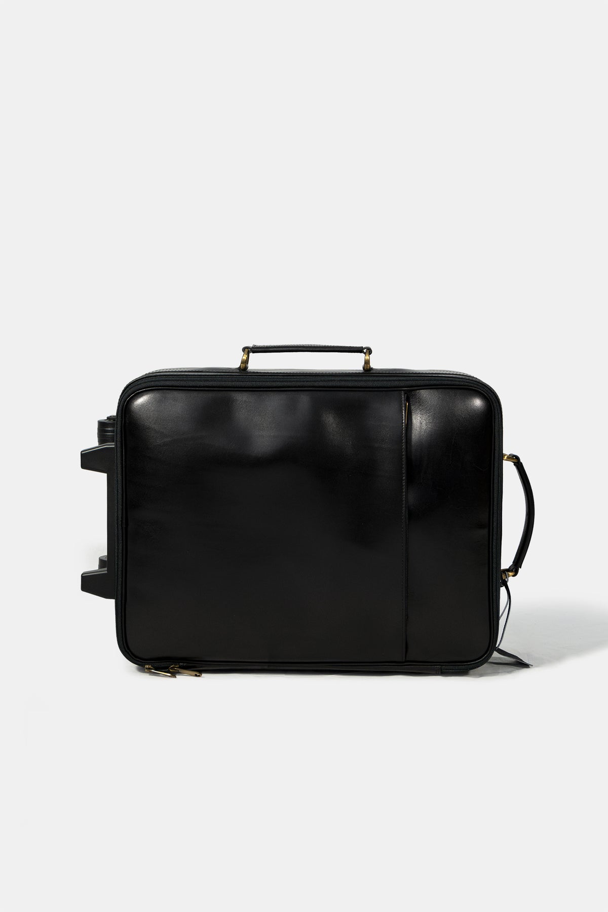 Leather travel trolley in black, telescopic handle detail