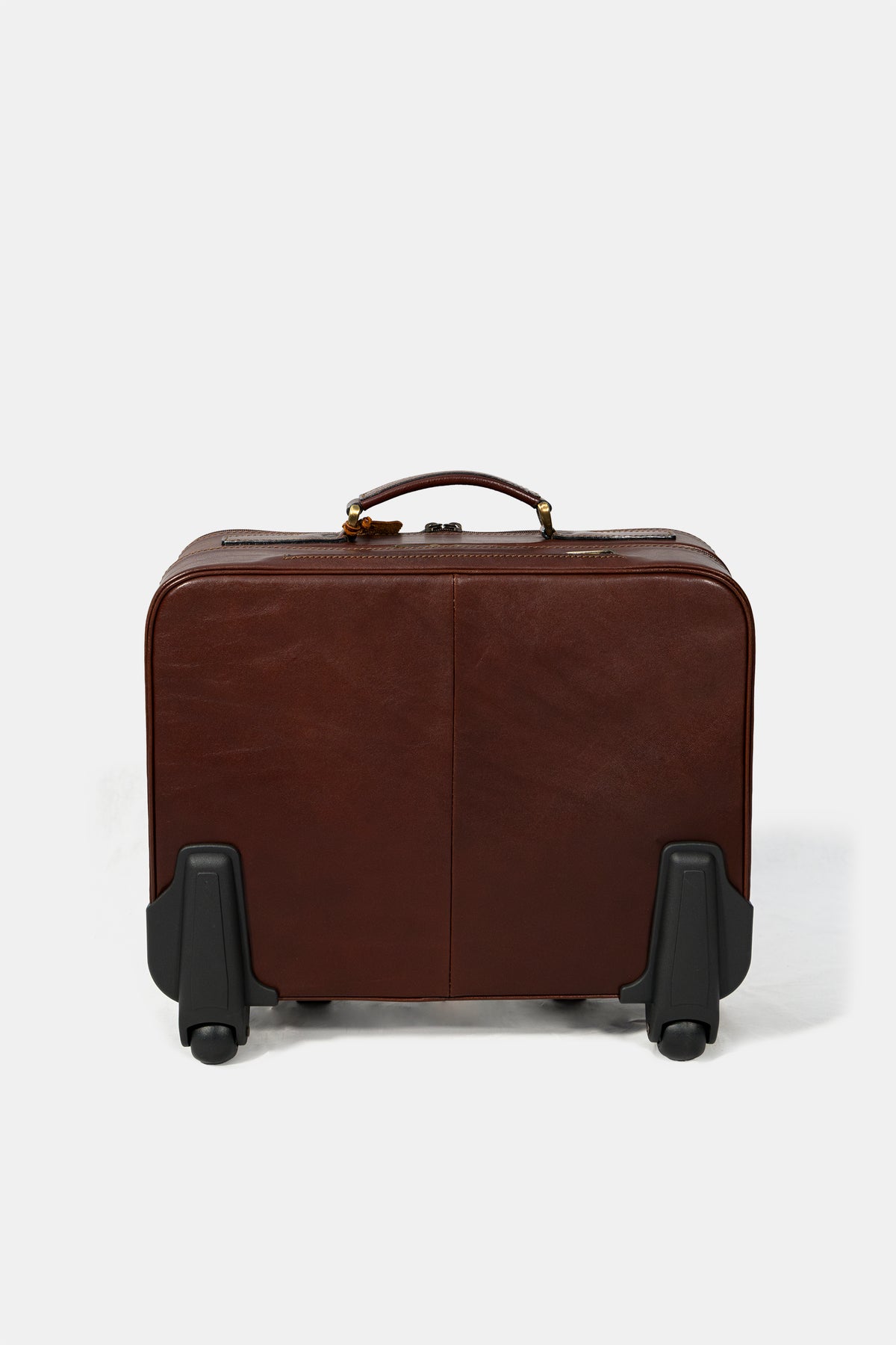 Leather trolley business bag in brown, handle and hardware detail