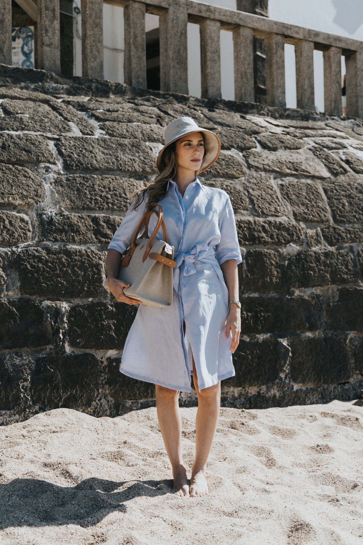 Linen shirt dress worn on the coast, D’Heritage Summer 2026