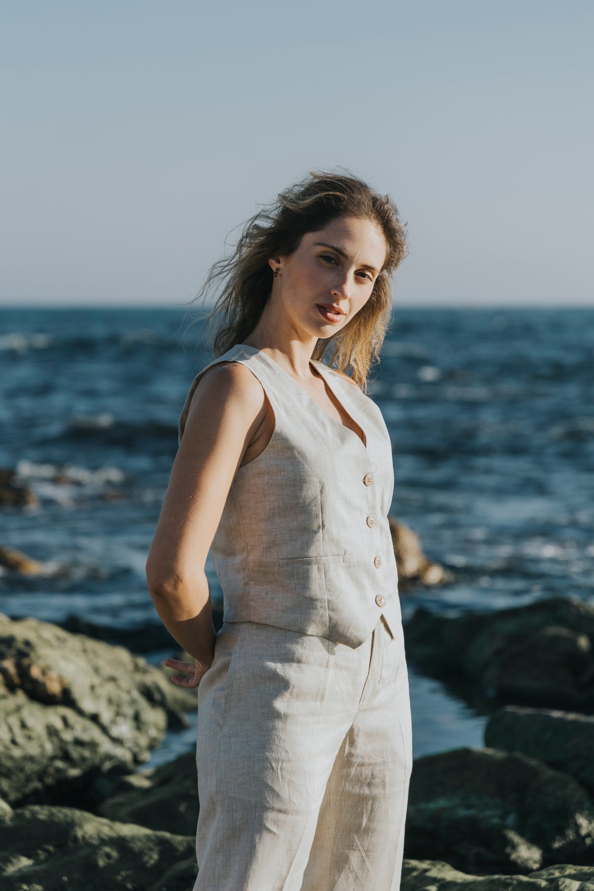 Linen waistcoat worn open, D’Heritage Summer 2026