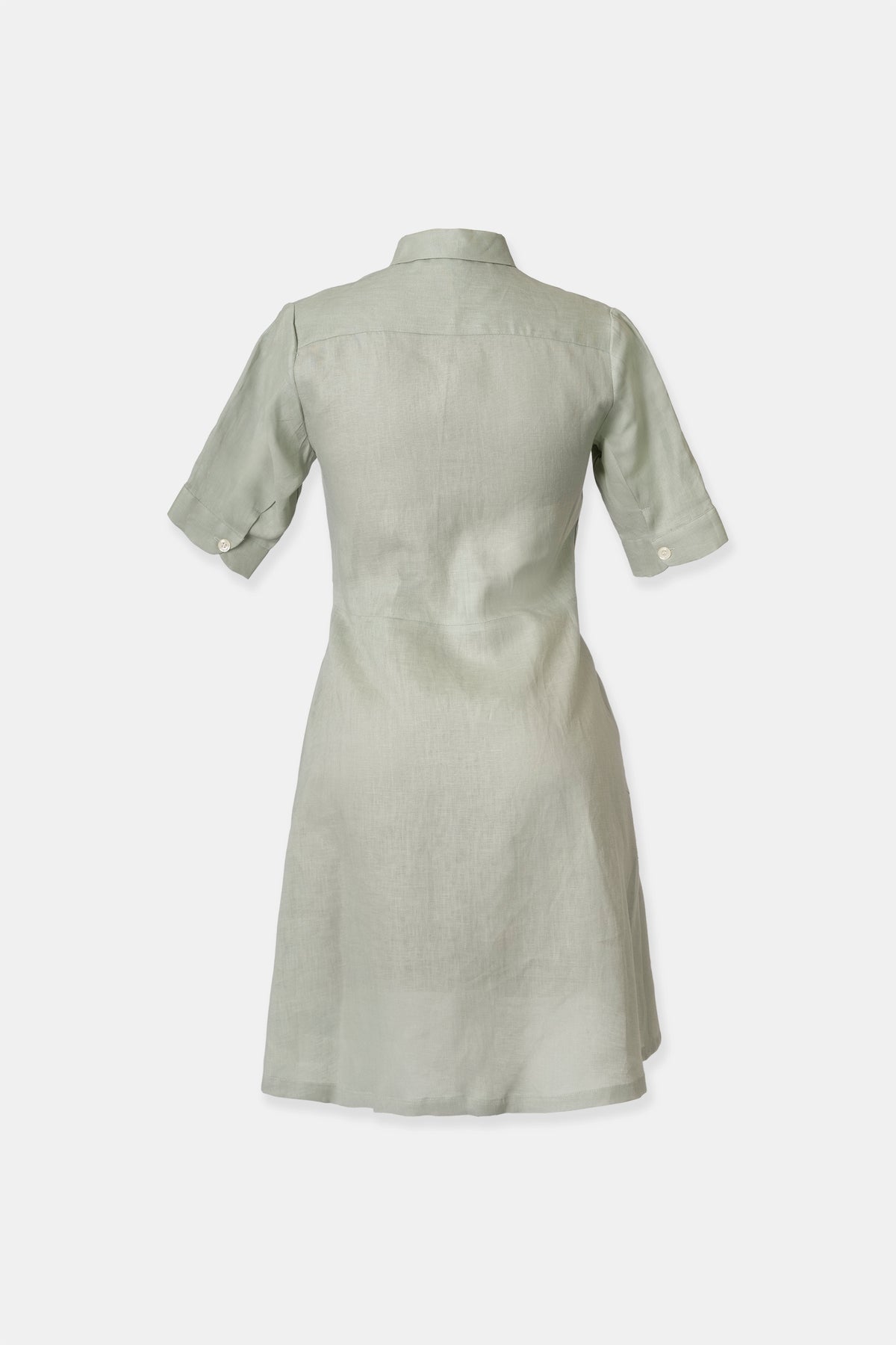 Linen shirt dress in sage green, side view