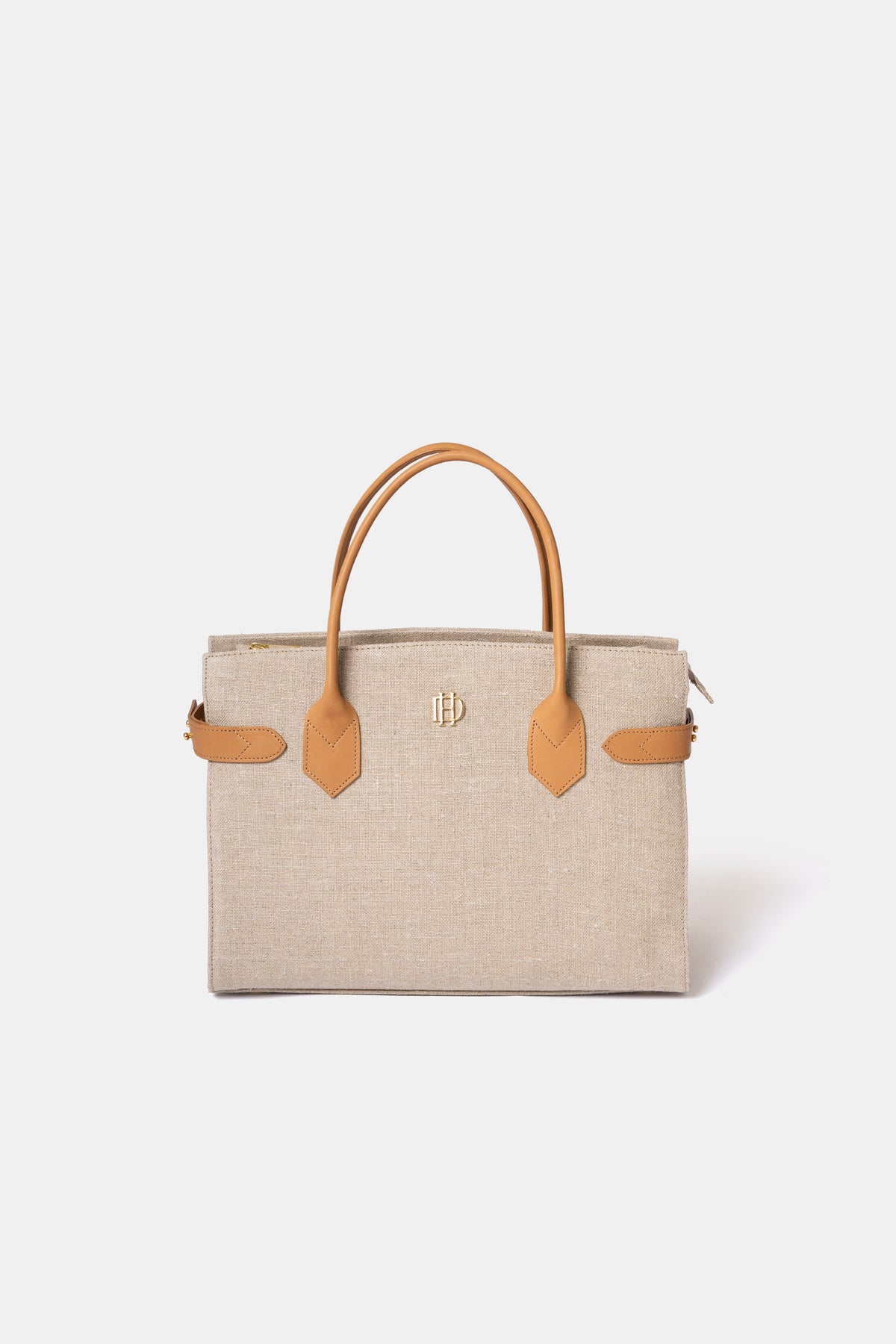 Linen and leather shoulder bag by D'Heritage, front view