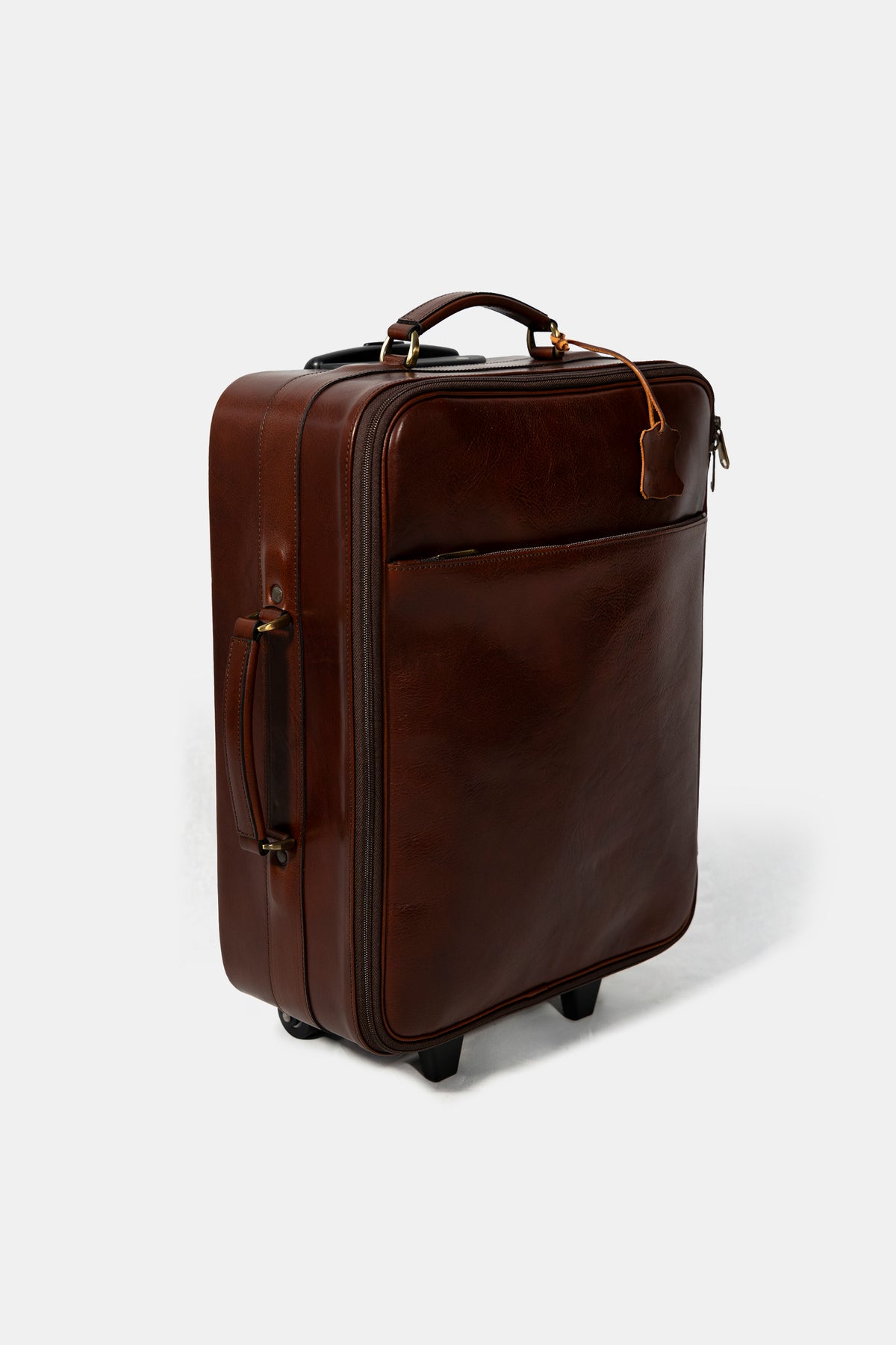 Leather travel trolley in brown, telescopic handle detail
