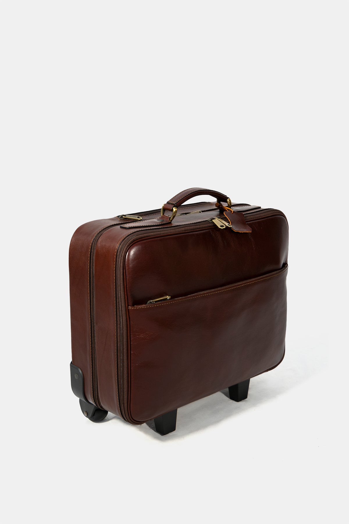 Leather trolley business bag in brown, side view