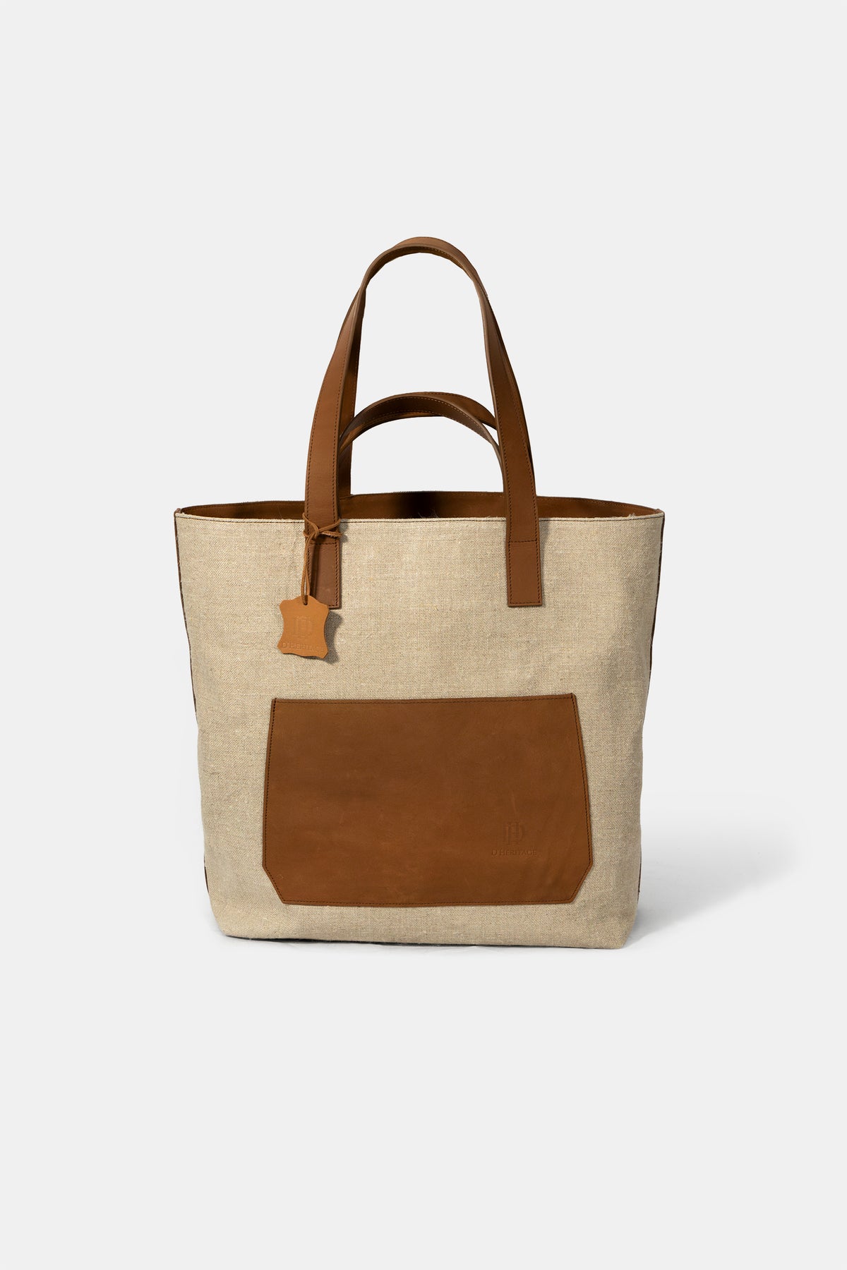 Linen and leather tote bag by D'Heritage, front view
